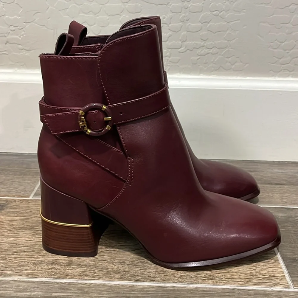 NEW Tory Burch Multi Logo Buckle Leather Heeled Boot in Claret Size 9.5